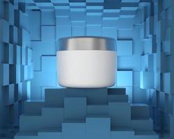 A white cream jar placed on a blue background photo
