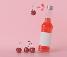 una botella utilizada para contener jugo de cereza con cereza