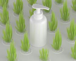 frasco de bomba para crema o perfume sobre un fondo blanco y cubierto de hierba. foto