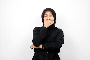 Beautiful young asian muslim woman surprised, shocked, with hands covering mouth, isolated on white background