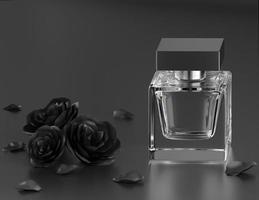 Perfume vector print. Black bottle haute couture, beauty stylish illustration. Aroma liquid. Cosmetic fragrance photo