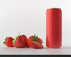 latas utilizadas para contener jugo de fresa con fresas. foto
