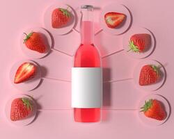 A bottle used for containing strawberry juice with strawberries. photo