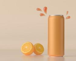 latas de jugo de naranja con naranjas sobre un fondo blanco.