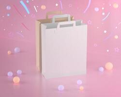 Paper bag for carrying things on pink background photo