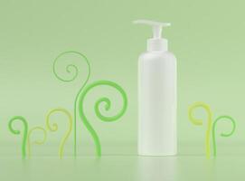 Pump bottle for cream or perfume on green background. photo