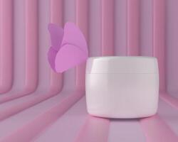 A white cream jar placed on a pink background photo