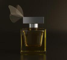 impresión de vector de perfume. botella amarilla de alta costura, ilustración con estilo de belleza. líquido aromático. fragancia cosmética foto