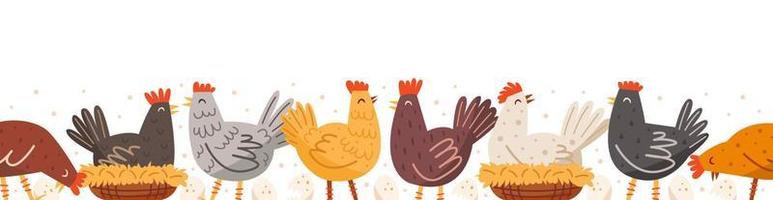 gallina pájaro gallina nido de pollo conjunto animales domésticos granja campo vida eco producción de alimentos vacaciones de pascua vector frontera elemento de diseño