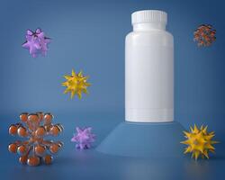 A white plastic bottle for medicine on a blue background photo