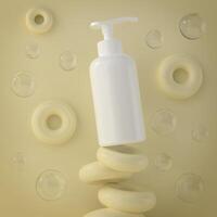 Pump bottle for cream or perfume on a light yellow background with a donut. photo