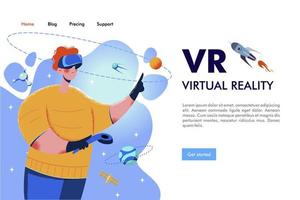 un hombre con gafas de realidad virtual. aventuras en el espacio exterior. ilustración vectorial. vector