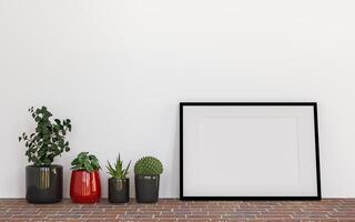 The living room is decorated with furniture, small plant pots and picture frames. photo