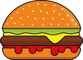 Hamburger with cheese and sesame seeds isolated on white background. Vector sticker icon