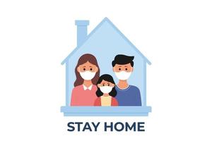 Young parents and children stay at home to prevent from corona virus. Vector illustration in a flat style