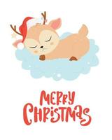 Christmas greeting card with cute cartoon sleeping deer vector