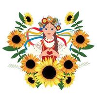 niña ucraniana en ropas tradicionales con girasoles vector