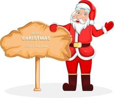 personaje de dibujos animados lindo santa claus con un cartel feliz navidad y próspero año nuevo vector