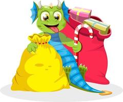 Cheerful dragon with Christmas bags, gifts and candy cane. Christmas and New Year vector