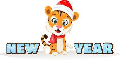 Tiger with a winter red cap and scarf and text New Year  in cartoon style vector