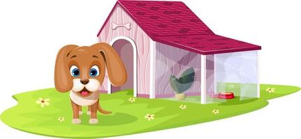Perro de dibujos animados lindo y sonrisa con casa sobre hierba verde vector