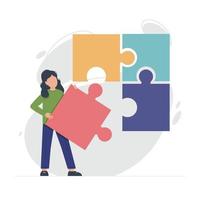 Woman holding in hand and assembling together jigsaw puzzle pieces. Concept of problem solving, making decisions, finding business solutions. Vector illustration in flat style.