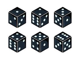 conjunto de dados negros isométricos con puntos blancos desde diferentes lados vista aislado en blanco. diseño para juegos de mesa o de mesa, juegos de azar y casinos. ilustración vectorial.