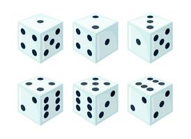 Set of white dices with black dots from different sides view isolated on white. Design for table or board games, gambling and casinos. Vector illustration.