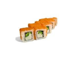 Uramaki roll california isolated on white background. Japanese sushi roll with salmon, cucumber and california cheese photo