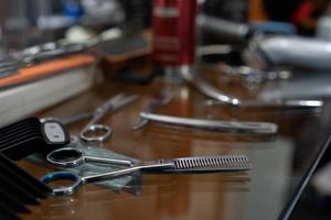 Close-up of hairdressing elements. Blurred background. photo