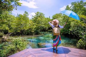 A young traveler girl relax in the holiday enjoying the beauty of nature lake mangrove forest at tha pom-klong-song-nam at krabi. summer, Travel, Thailand, freedom, Attractions.