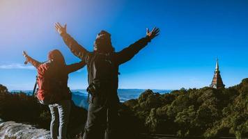 Lover women and men Asian travel nature. Travel relax. Natural Touch countryside. On the Moutain. Thailand photo