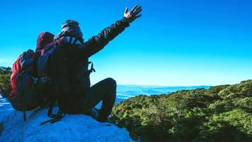 Lover women and men Asian travel nature. Travel relax. Natural Touch countryside. On the Moutain. Thailand photo