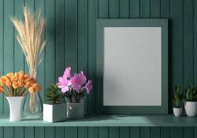 A picture frame on the floor with a flower vase. photo