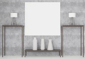 Sala de estar y muebles 3d con marco de fotos en blanco