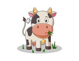 Ilustración vectorial de dibujos animados de vaca linda comiendo hierba