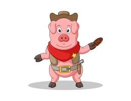 Vector illustration of Cute Pig cartoon in cowboy dress holding donut