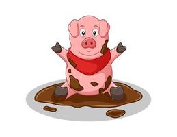 Ilustración vectorial de dibujos animados de cerdo lindo sentado en el barro
