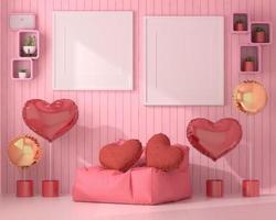 Mock up of poster frame in wooden floor valentine concept modern interior behind of couch in living room with love shape balloon isolated on light background, 3D render, 3D illustration photo
