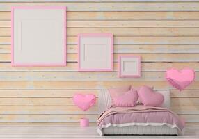 Mock up of poster frame in wooden floor valentine concept modern interior behind of bed in bed room with love shape balloon isolated on light background, 3D render, 3D illustration photo