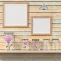 marco de fotos de pared de sala de estar con jarrón de rosas, estilo 3d