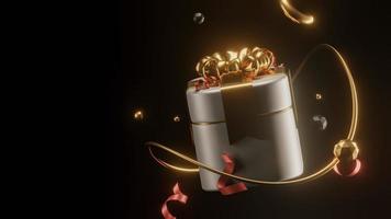 White gift box with golden ribbon, light bloom - 3D illustration
