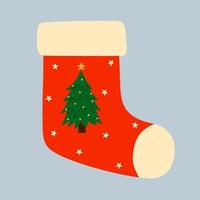 Red Christmas sock with Christmas tree. Christmas winter design element in doodle style. vector