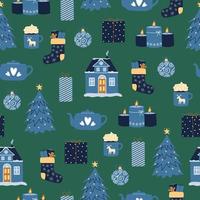 Christmas seamless pattern. Cute winter elements in blue and brown colors on green background vector