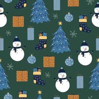 Christmas seamless pattern. Cute winter elements in blue and brown colors on green background vector