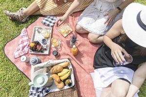 Vista aérea amigas disfrutando de un picnic