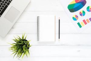 Minimal work space - Creative flat lay photo of workspace desk. Top view office desk with laptop, mock up notebooks and plant on white wooden background. Top view with copy space, flat lay photography