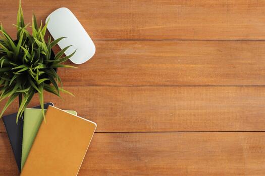 Minimal work space - Creative flat lay photo of workspace desk. Office desk wooden table background with open mock up notebooks and pens and plant. Top view with copy space, flat lay photography.