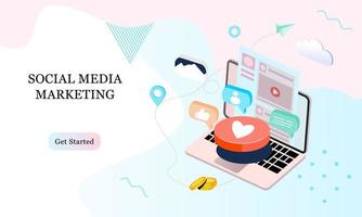 Landing page 3d isometric of social media marketing. Communication in social networks. Image of mobile phone, laptop with chat, likes and money for infographics, banner, website, promotional material.