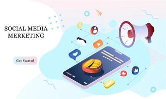 Landing page 3d isometric of social media marketing. Communication in social networks. Image of mobile phone, laptop with chat, likes and money for infographics, banner, website, promotional material. vector